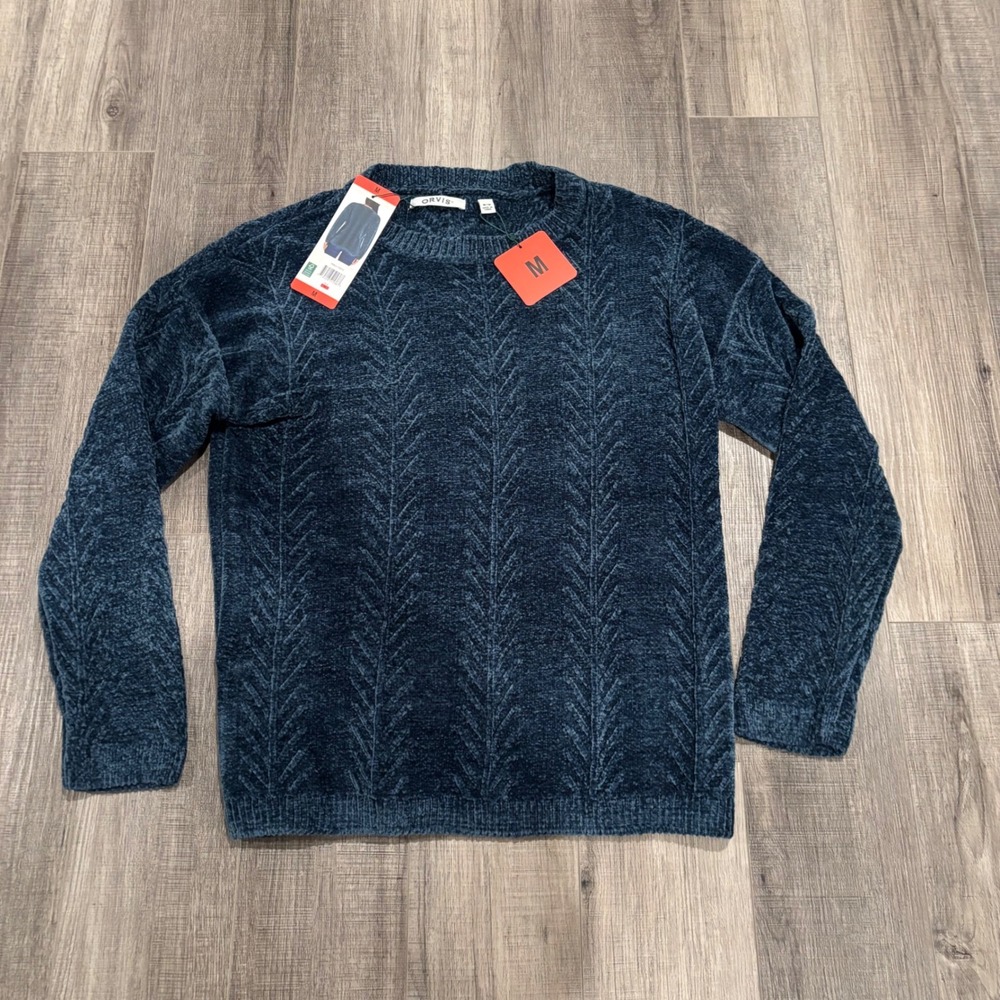 Orvis Womens Chenille Chevron Knit Crewneck Sweater Teal Blue Size Medium NWT
